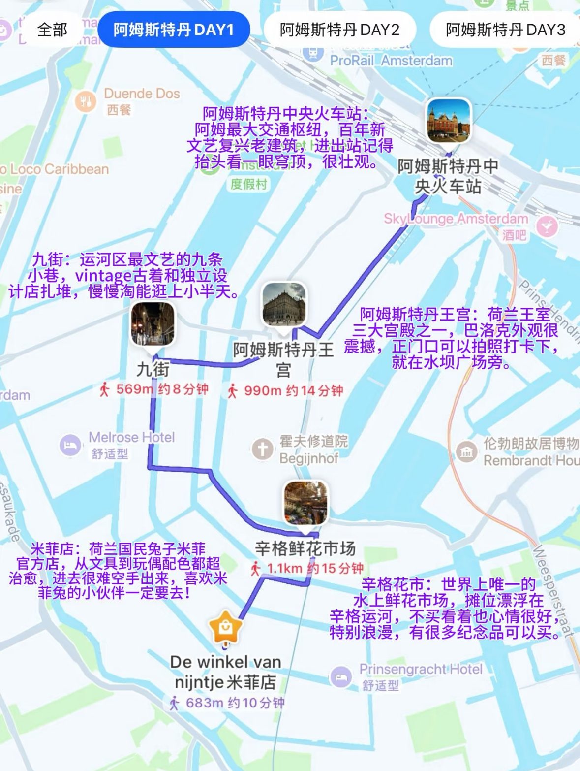 Real RedNote post showing a walking route through Amsterdam with stops marked on a map